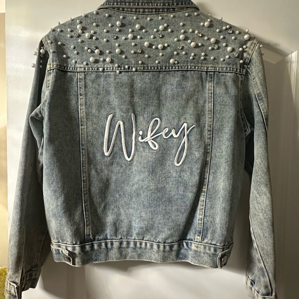 “Wifey” Pearl Embellished Denim Jacket - Blue Jean